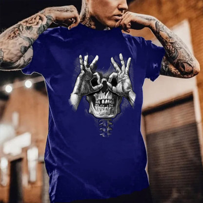 Skull with OK Pattern Graphic Casual Black Print T-shirt Image - 4
