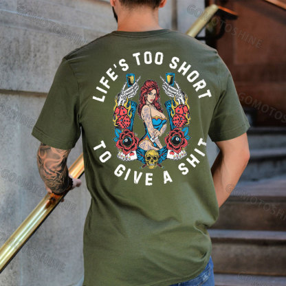 LIFE'S TOO SHORT TO GIVE A SHIT Tattooed Casino Lady Print Men's T-shirt Image - 5