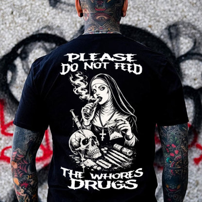 PLEASE DO NOT FEED THE WHORES DRUGS Smoking Nun Print Men's T-shirt Image - 1
