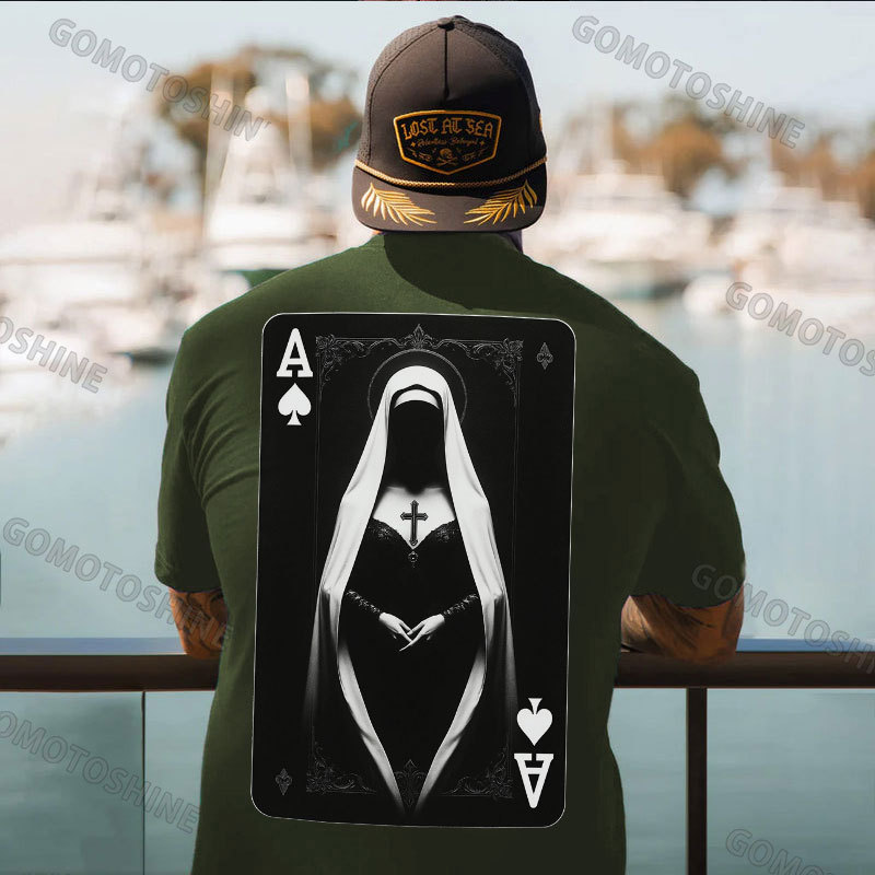 Poker Spades A Sexy Nun Print Men's T-shirt Image - 5