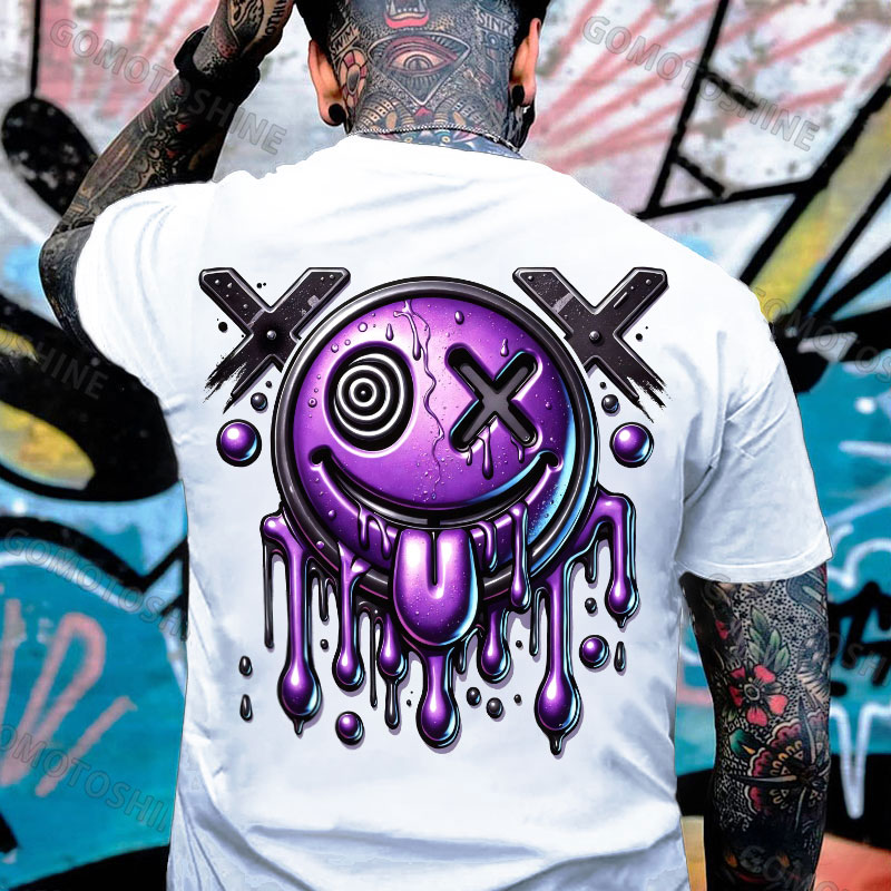 Purple Melting Evil Smile Emoji Print Men's T-shirt Image - 2
