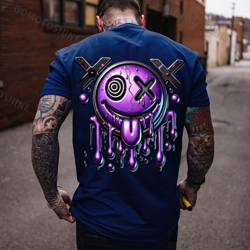 Purple Melting Evil Smile Emoji Print Men's T-shirt Image - 4