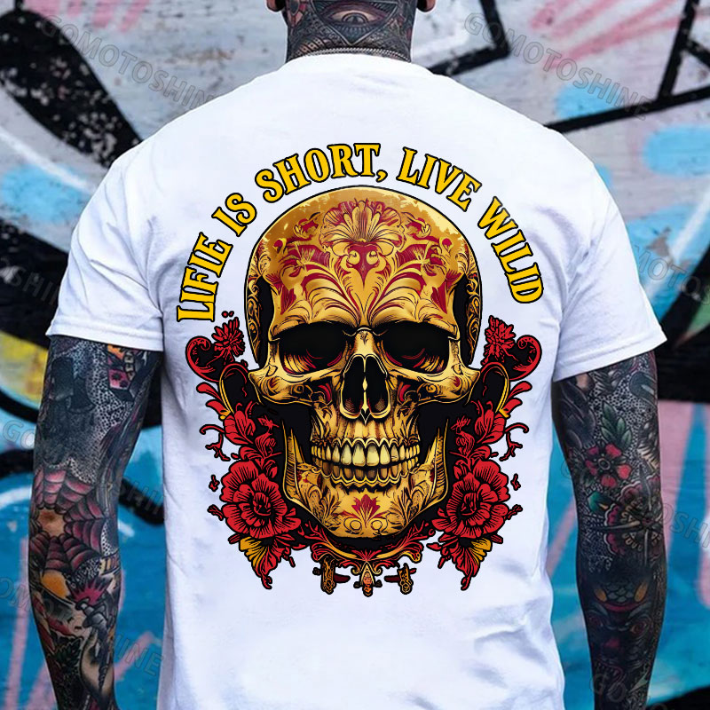 LIFE IS SHORT LIVE WILD Floral Pattern Skull Retro Print Men's T-shirt Image - 2