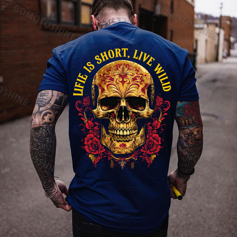 LIFE IS SHORT LIVE WILD Floral Pattern Skull Retro Print Men's T-shirt Image - 4