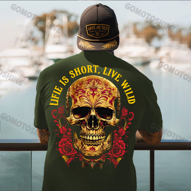 LIFE IS SHORT LIVE WILD Floral Pattern Skull Retro Print Men's T-shirt Image - 5