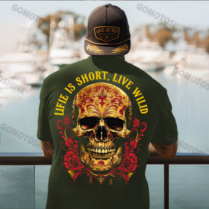 LIFE IS SHORT LIVE WILD Floral Pattern Skull Retro Print Men's T-shirt Image - 5