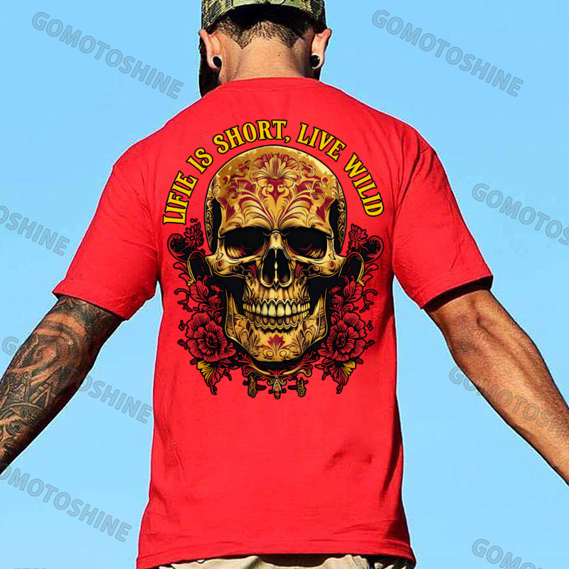 LIFE IS SHORT LIVE WILD Floral Pattern Skull Retro Print Men's T-shirt Image - 6