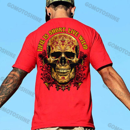 LIFE IS SHORT LIVE WILD Floral Pattern Skull Retro Print Men's T-shirt Image - 6