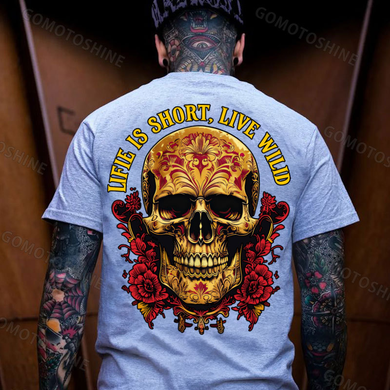 LIFE IS SHORT LIVE WILD Floral Pattern Skull Retro Print Men's T-shirt Image - 3