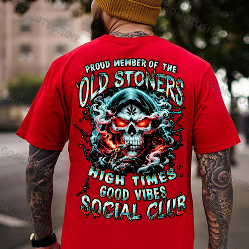 PROUD MEMBER OF THE OLD STONERS HIGH TIMES GOOD VIBES SOCIAL CLUB Smoking Skeleton Print Men's T-shirt Image - 6