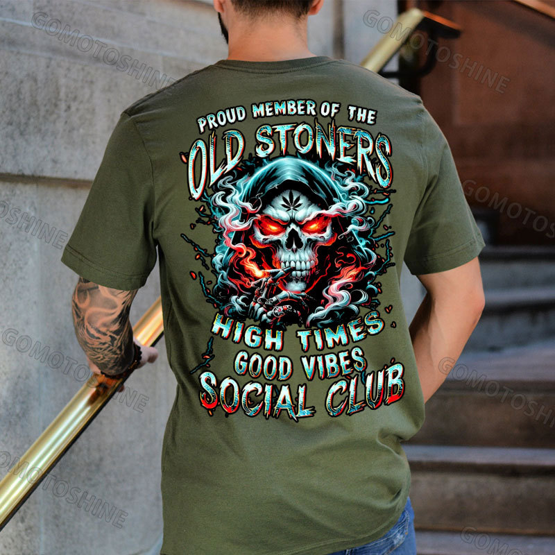 PROUD MEMBER OF THE OLD STONERS HIGH TIMES GOOD VIBES SOCIAL CLUB Smoking Skeleton Print Men's T-shirt Image - 5