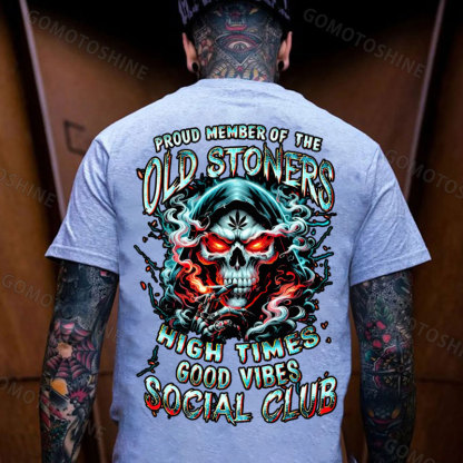 PROUD MEMBER OF THE OLD STONERS HIGH TIMES GOOD VIBES SOCIAL CLUB Smoking Skeleton Print Men's T-shirt Image - 3