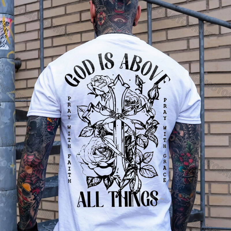 GOD IS ABOVE ALL THINGS Roses Crucifix Print Men's T-shirt Image - 1