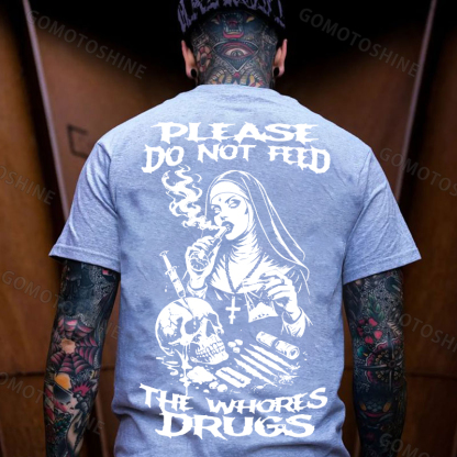 PLEASE DO NOT FEED THE WHORES DRUGS Smoking Nun Print Men's T-shirt Image - 3