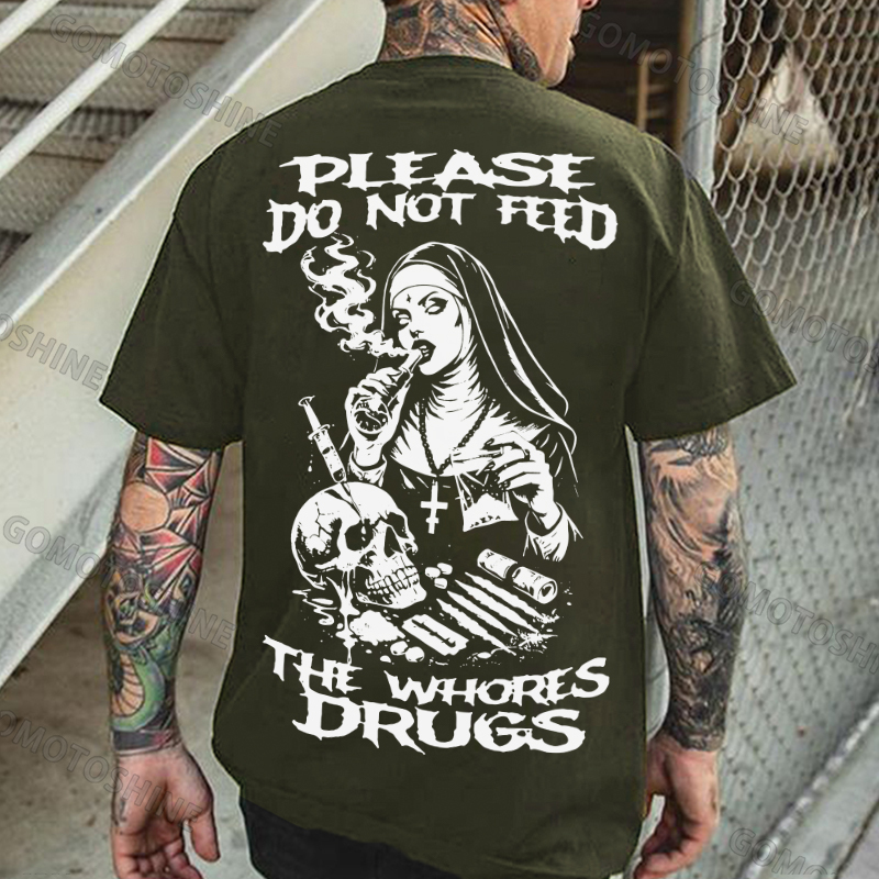 PLEASE DO NOT FEED THE WHORES DRUGS Smoking Nun Print Men's T-shirt Image - 5