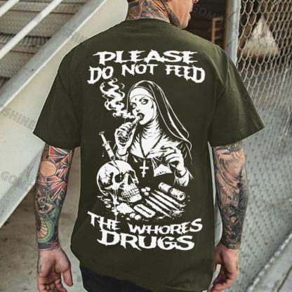 PLEASE DO NOT FEED THE WHORES DRUGS Smoking Nun Print Men's T-shirt Image - 5