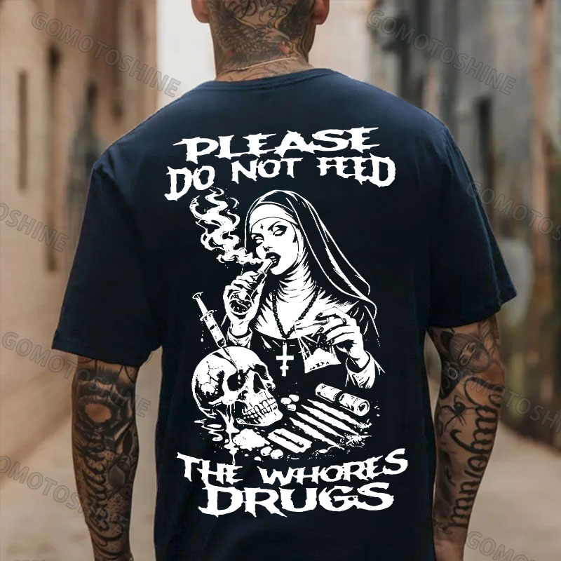 PLEASE DO NOT FEED THE WHORES DRUGS Smoking Nun Print Men's T-shirt Image - 4