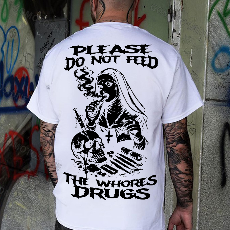 PLEASE DO NOT FEED THE WHORES DRUGS Smoking Nun Print Men's T-shirt Image - 2