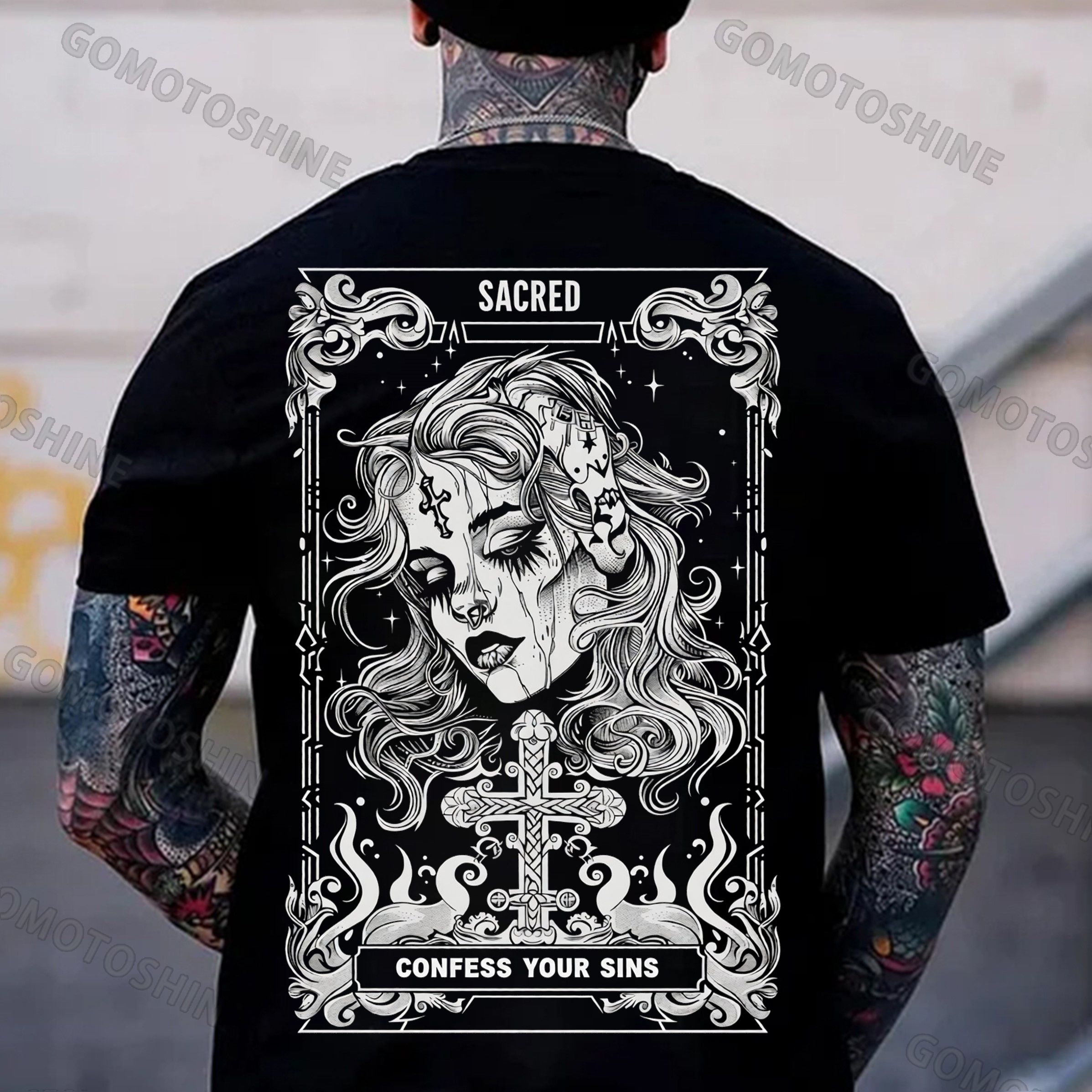 SACRED CONFESS YOUR SINS Crucifix Gothic Girl Print Men's T-shirt Image - 1