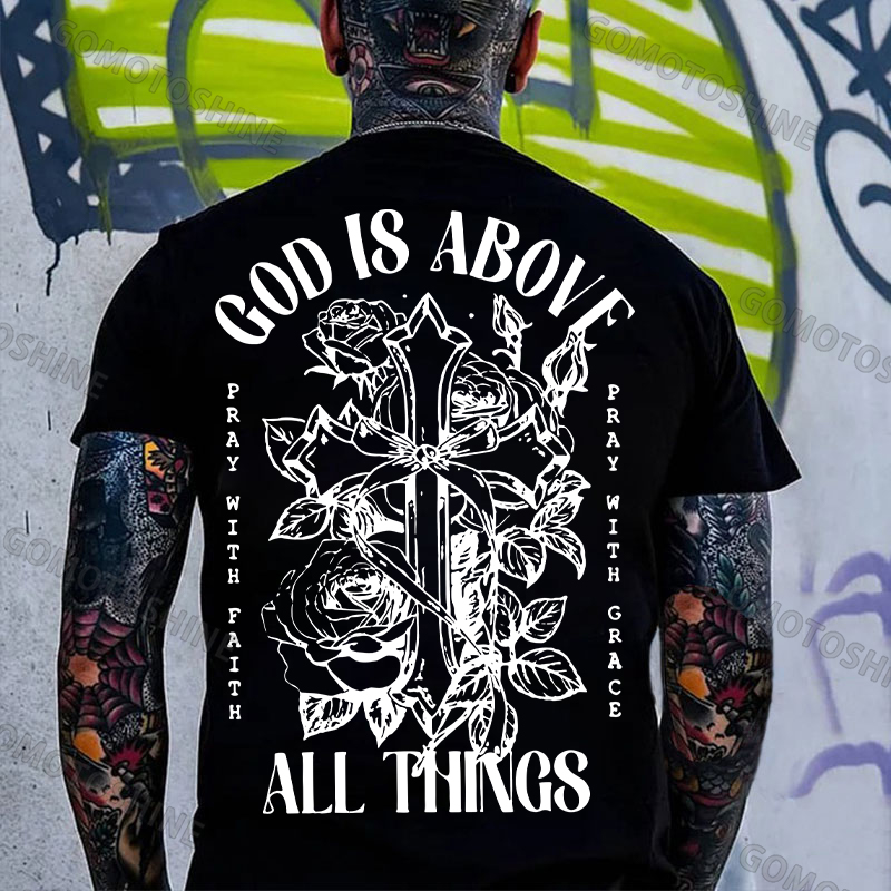 GOD IS ABOVE ALL THINGS Roses Crucifix Print Men's T-shirt Image - 2