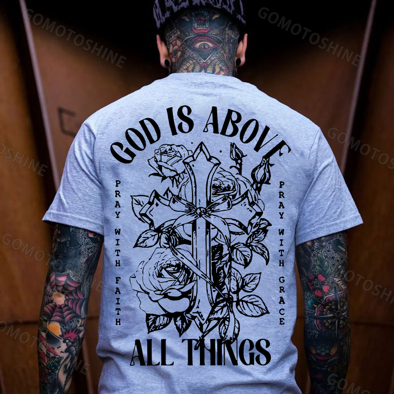 GOD IS ABOVE ALL THINGS Roses Crucifix Print Men's T-shirt Image - 3