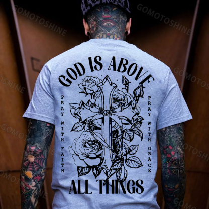GOD IS ABOVE ALL THINGS Roses Crucifix Print Men's T-shirt Image - 3