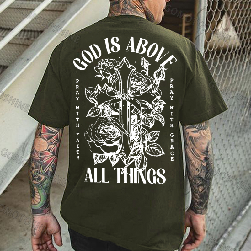 GOD IS ABOVE ALL THINGS Roses Crucifix Print Men's T-shirt Image - 5