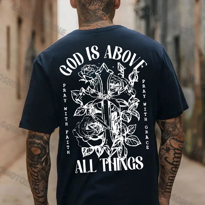 GOD IS ABOVE ALL THINGS Roses Crucifix Print Men's T-shirt Image - 4