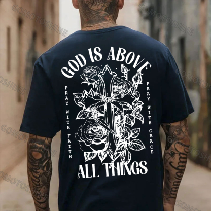 GOD IS ABOVE ALL THINGS Roses Crucifix Print Men's T-shirt Image - 4