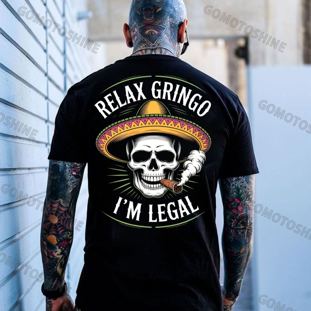 RELAX GRINGO I'M LEGAL Smoking Mexican Skull Print Men's T-shirt