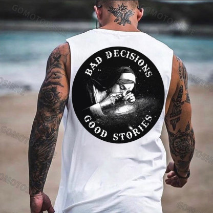 BAD DECISIONS GOOD STORIES Smoking Nun Print Men's Vest Image - 2