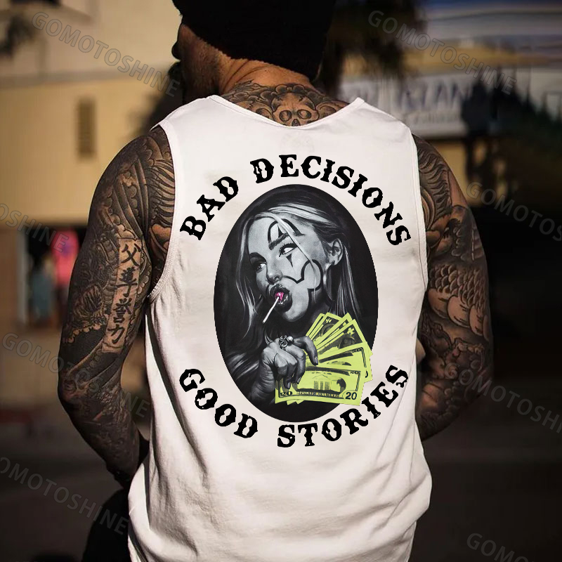 BAD DECISIONS GOOD STORIES Rich Joker Girl Print Men's Tank Image - 2
