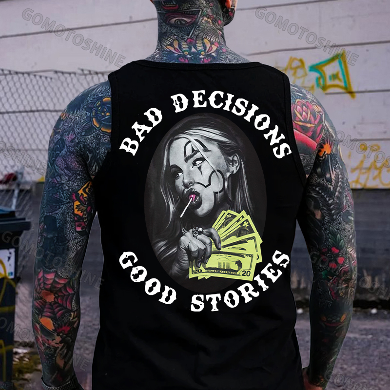 BAD DECISIONS GOOD STORIES Rich Joker Girl Print Men's Tank Image - 1