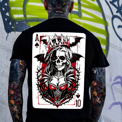 Poker Ace Of Spades Gothic Skeleton Queen Print Men's T-shirt Image - 5