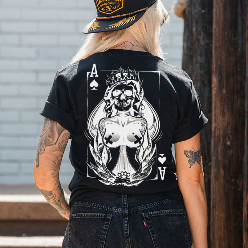 Poker Ace Of Spades Gothic Skeleton Queen Print Women's T-shirt