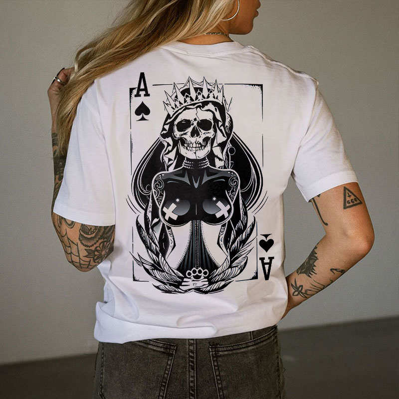 Poker Ace Of Spades Gothic Skeleton Queen Print Women's T-shirt