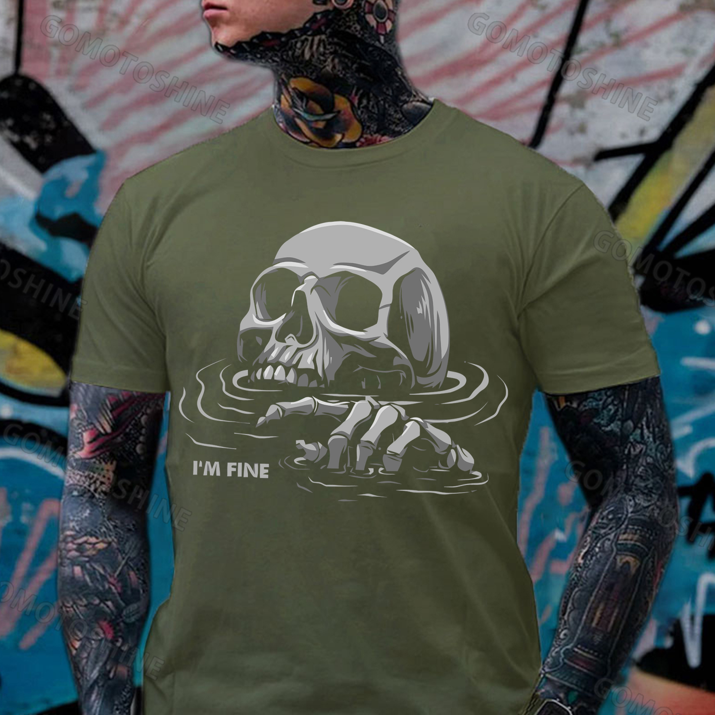 I'M FINE Drowning Skull Print Men's T-Shirt Image - 4