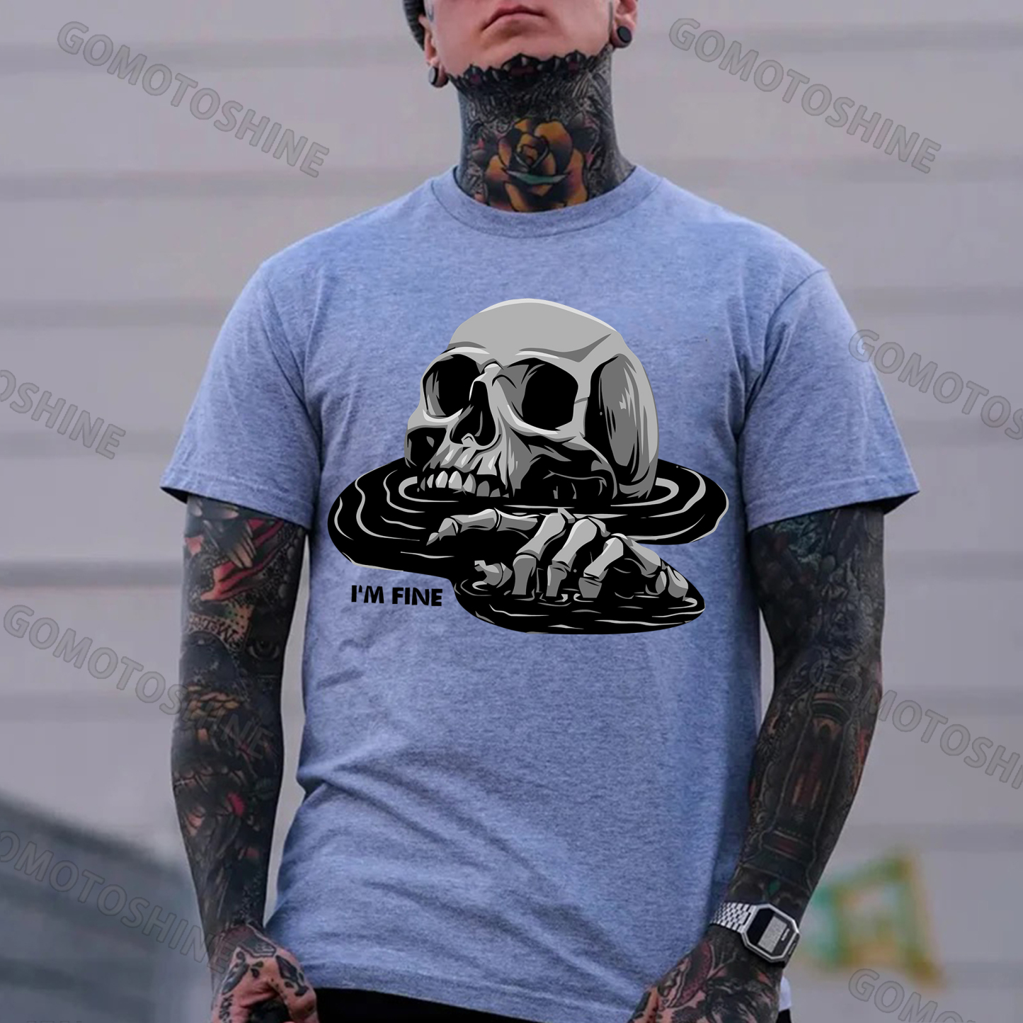 I'M FINE Drowning Skull Print Men's T-Shirt Image - 3