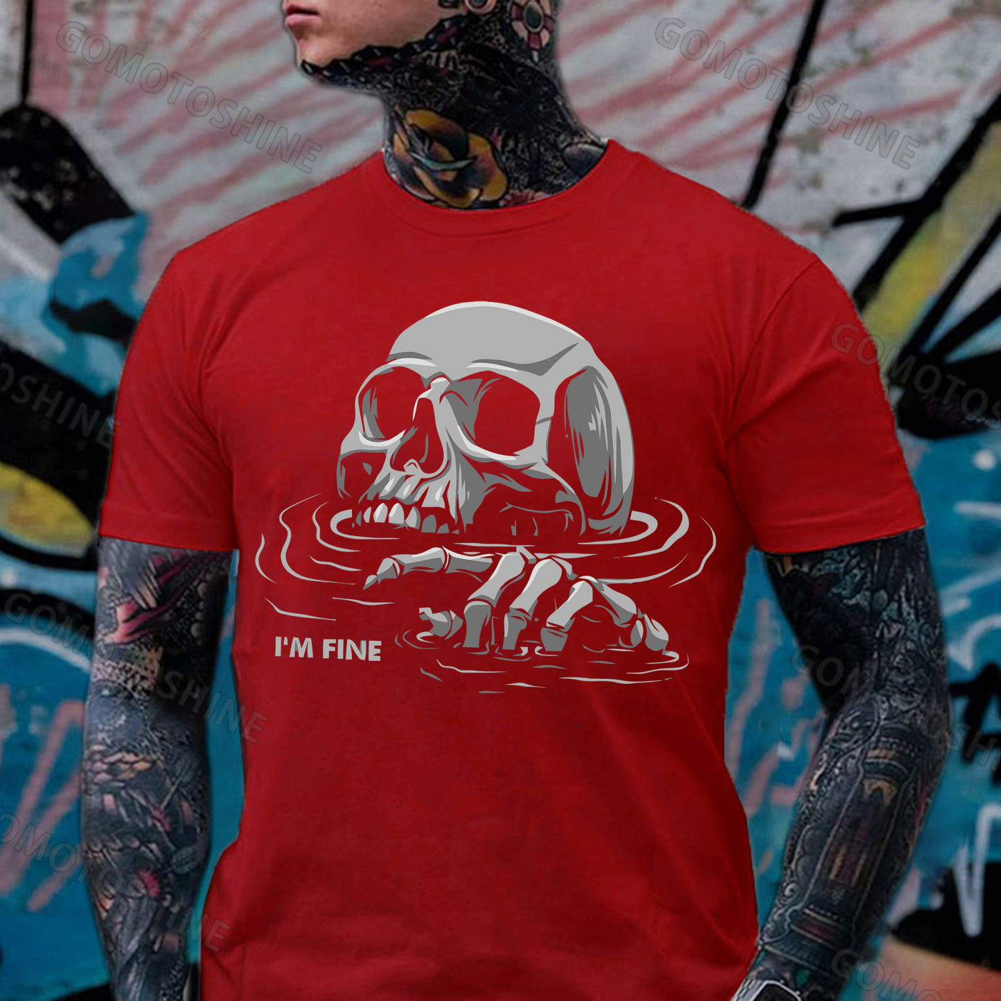 I'M FINE Drowning Skull Print Men's T-Shirt Image - 5