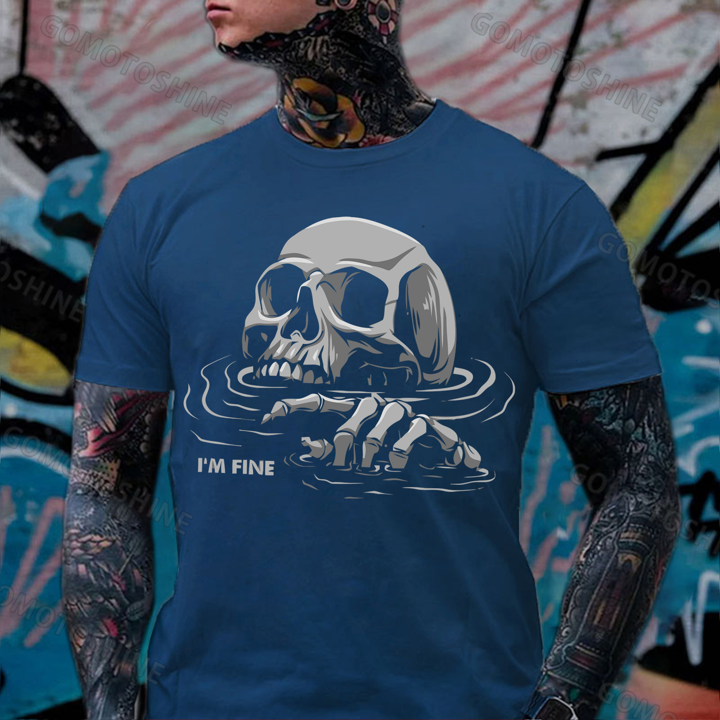 I'M FINE Drowning Skull Print Men's T-Shirt Image - 6