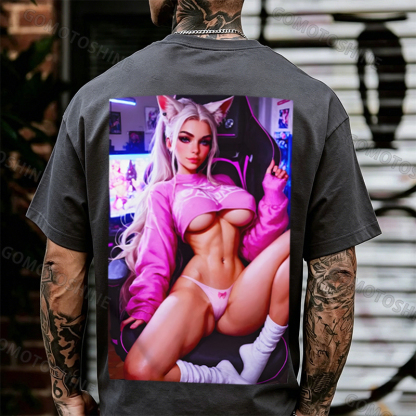 Sexy Esports Cat Girl Print Men's T-shirt Image - 5