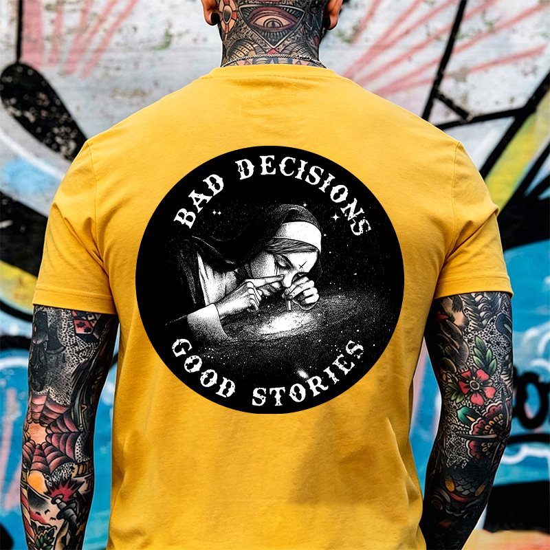 BAD DECISIONS GOOD STORIES Nun Smoking Black Print T-Shirt Image - 24