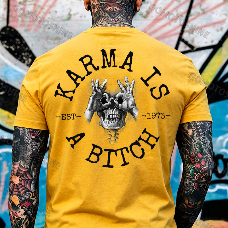 KARMA IS A BITCH Skull With OK Print Men's T-Shirt Image - 9