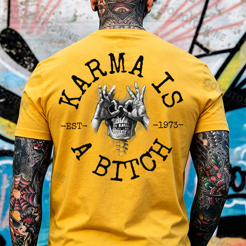 KARMA IS A BITCH Skull With OK Print Men's T-Shirt Image - 9