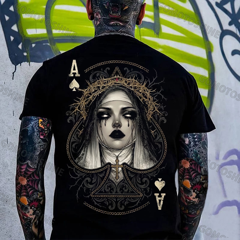 Poker Ace of Spades Dark Nun Print Men's T-shirt