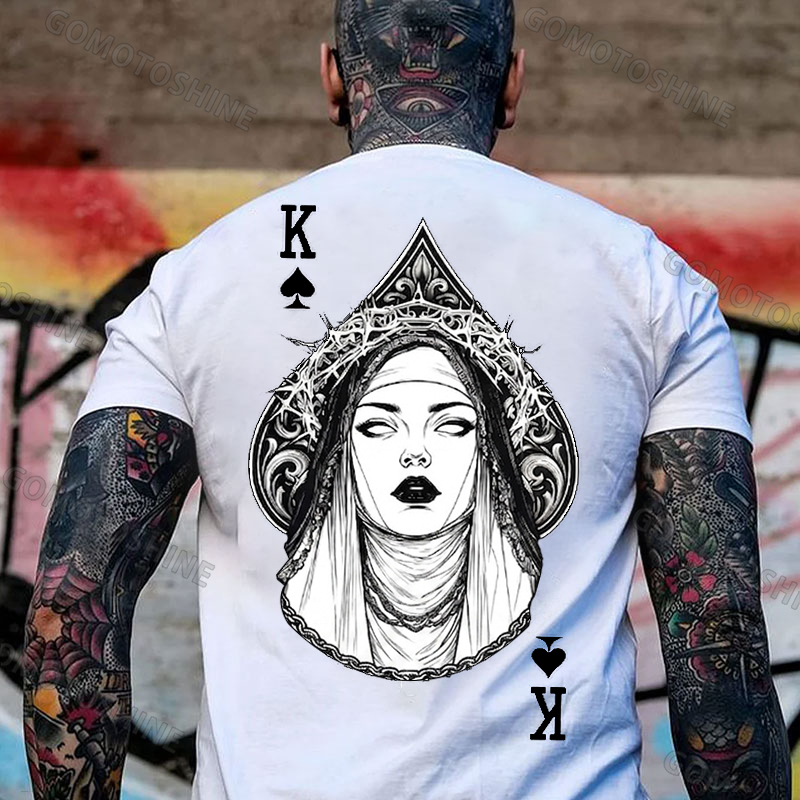 Poker King of Spades Gothic Nun Line Art Print Men's T-shirt