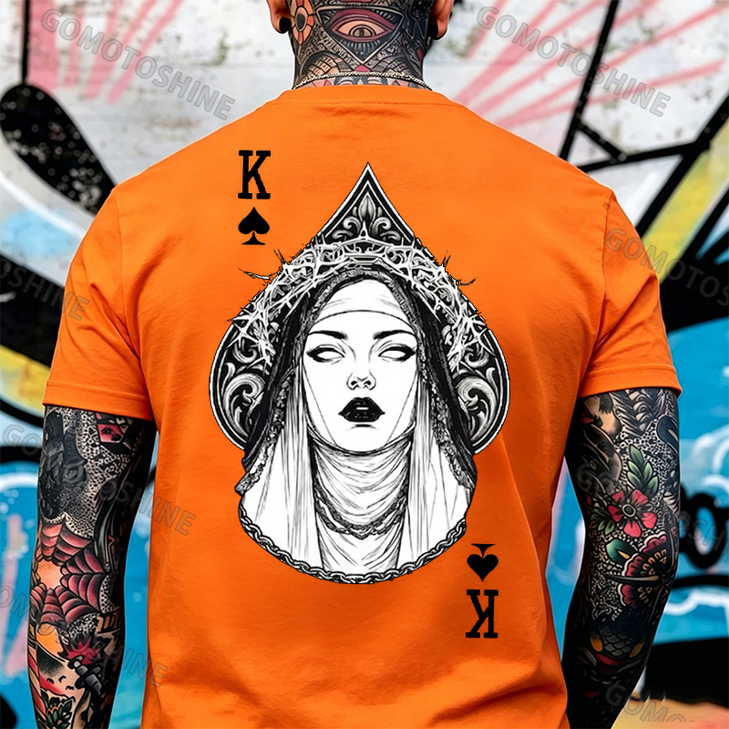 Poker King of Spades Gothic Nun Line Art Print Men's T-shirt