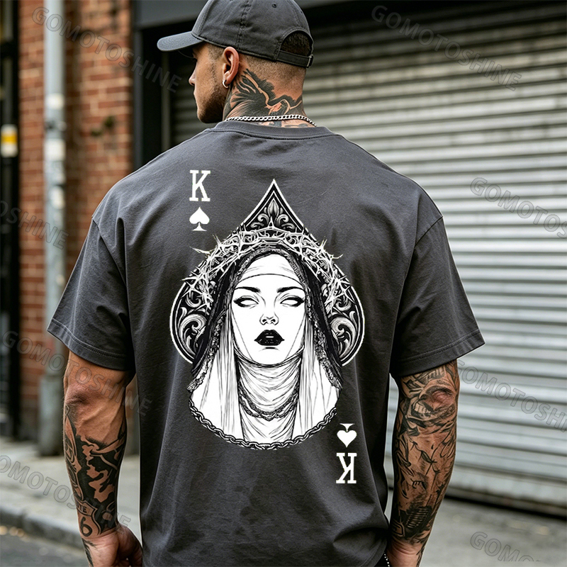 Poker King of Spades Gothic Nun Line Art Print Men's T-shirt