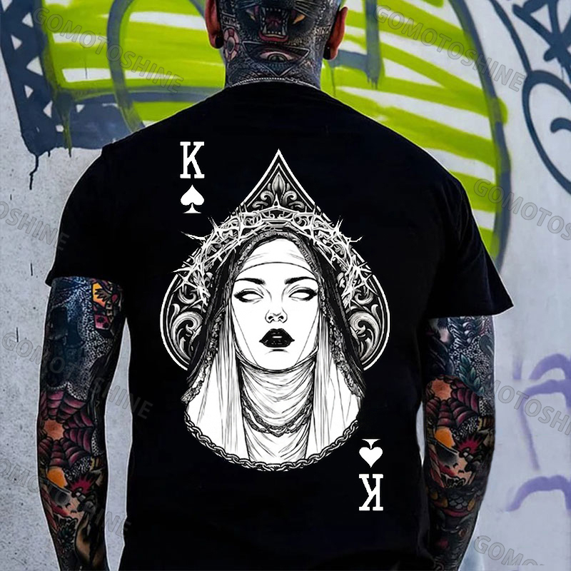 Poker King of Spades Gothic Nun Line Art Print Men's T-shirt