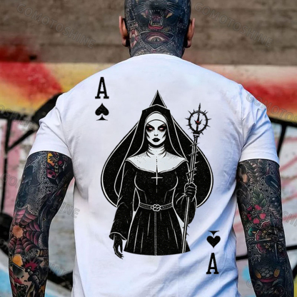 Poker Ace of Spades Full Body Figure Gothic Nun Print Men's T-shirt